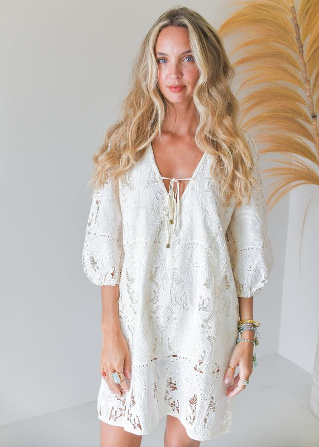 elena mini dress in white Jaase Palm Ivory Embroidered Mini Dress Elena – OutDazl