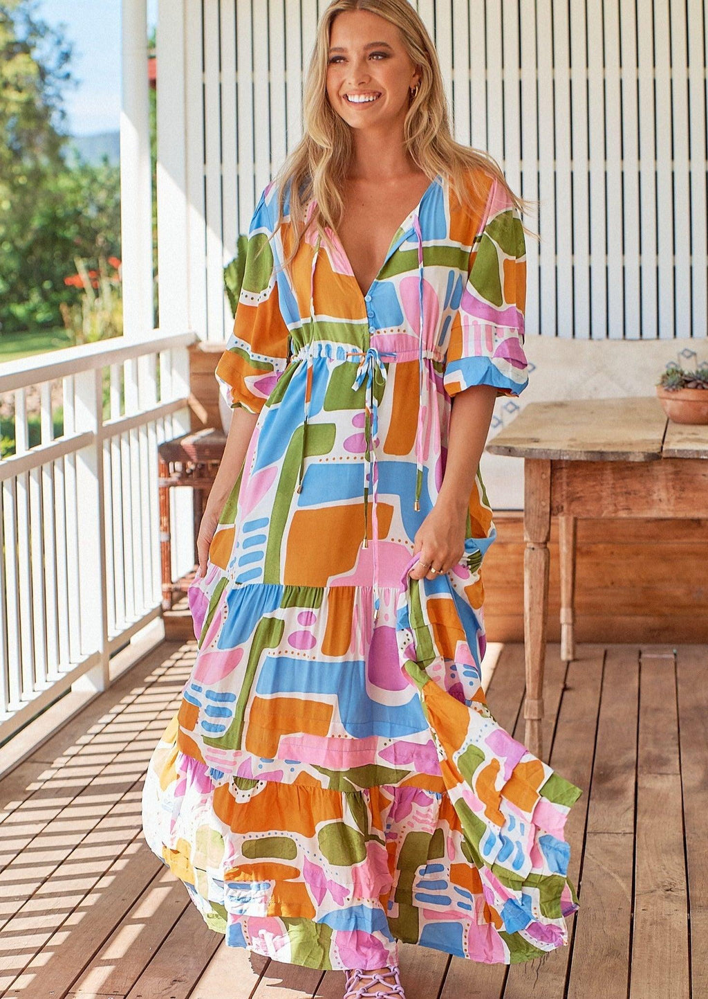 Bohemian Rainbow Tiered Maxi Dress