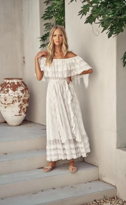 Off shoulder white outlet lace maxi dress