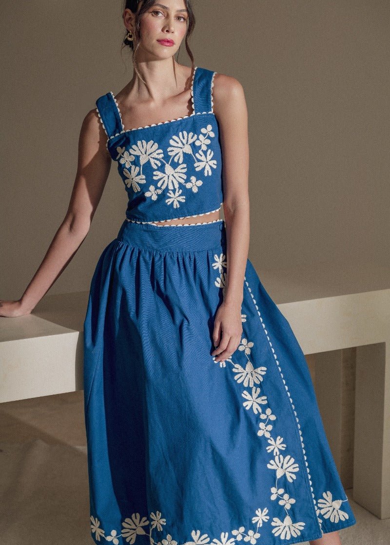 embroidered skirts and dresses Lovely Blooms Blue Embroidered Floral Midi Skirt