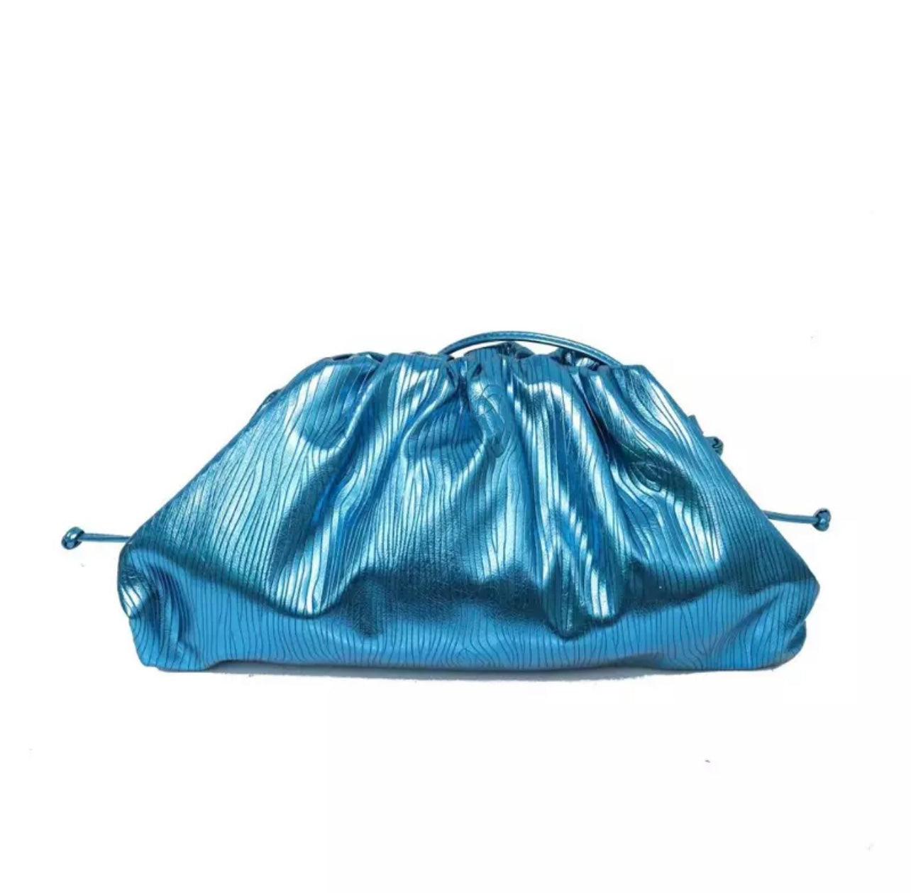 Metallised Gathered PU Clutch bag in Blue