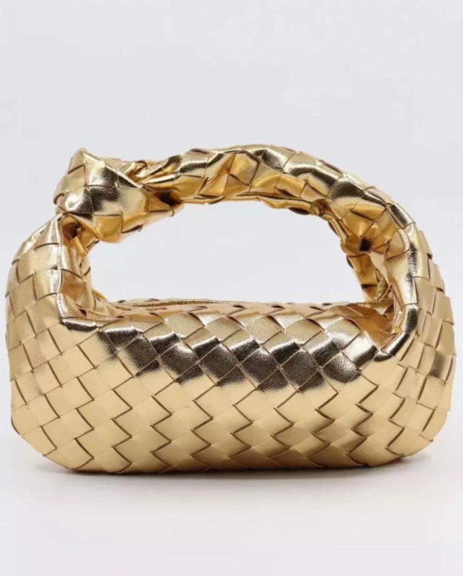 Small Woven Knotted Clutch in Metallic Gold