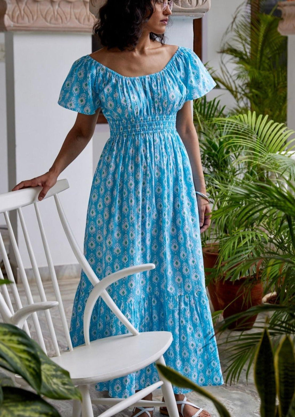 Spanish Rah Rah Maxi Dress in Cool Ikat – OutDazl