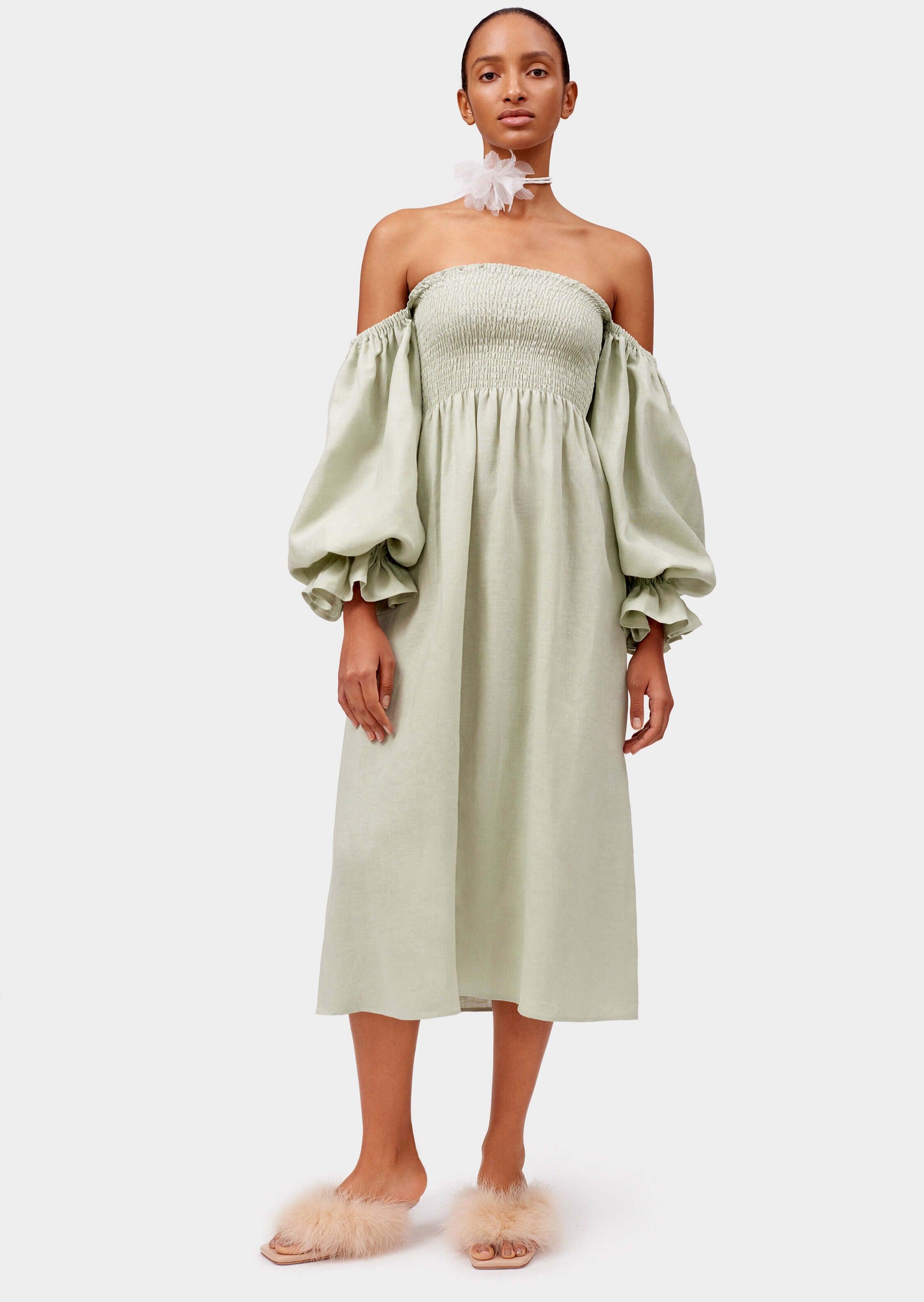 Sleeper Atlanta shirred linen midi dress in Lime – OutDazl