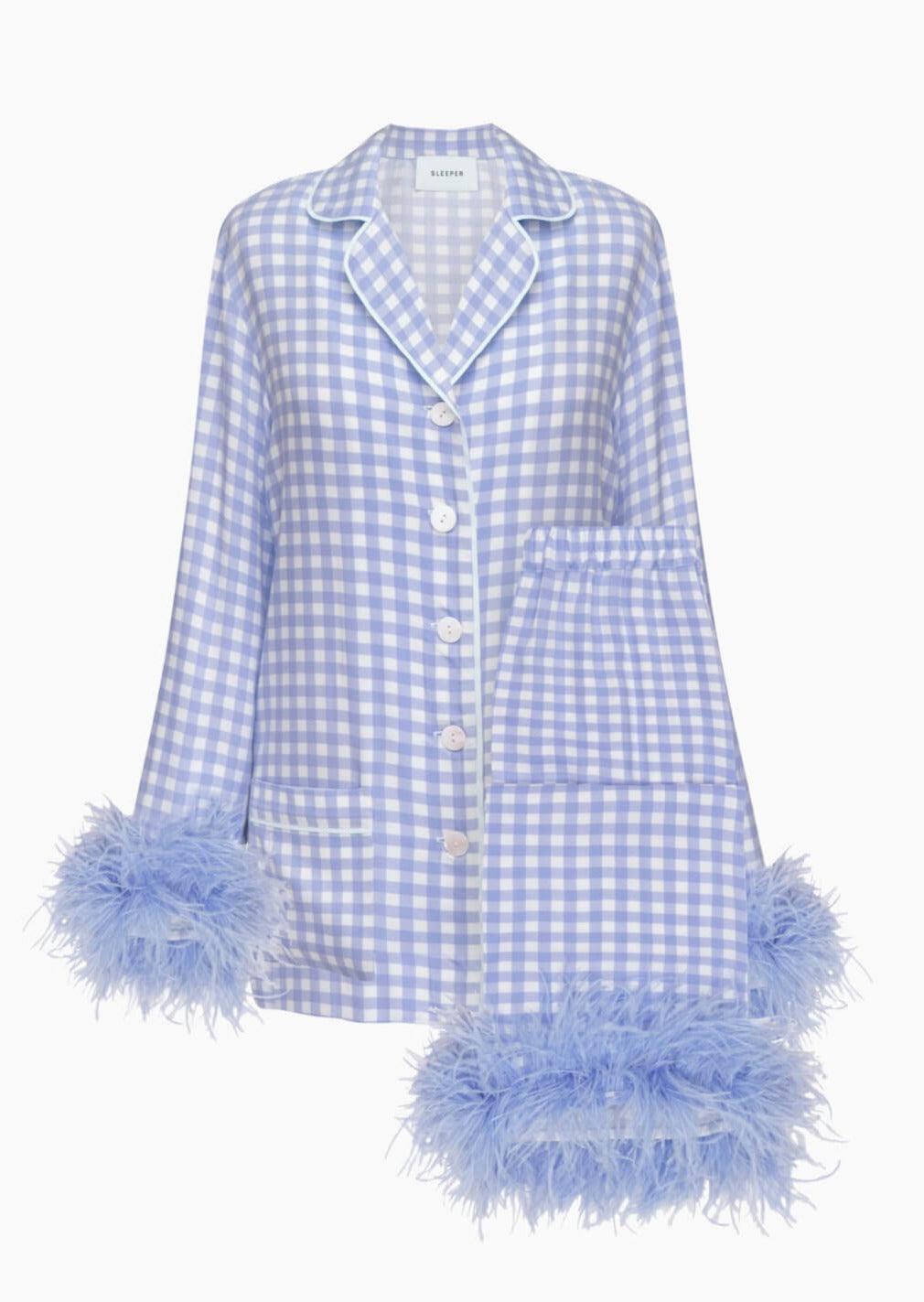 Sleeper Blue Vichy feather-trimmed Party Pajama Set – OutDazl
