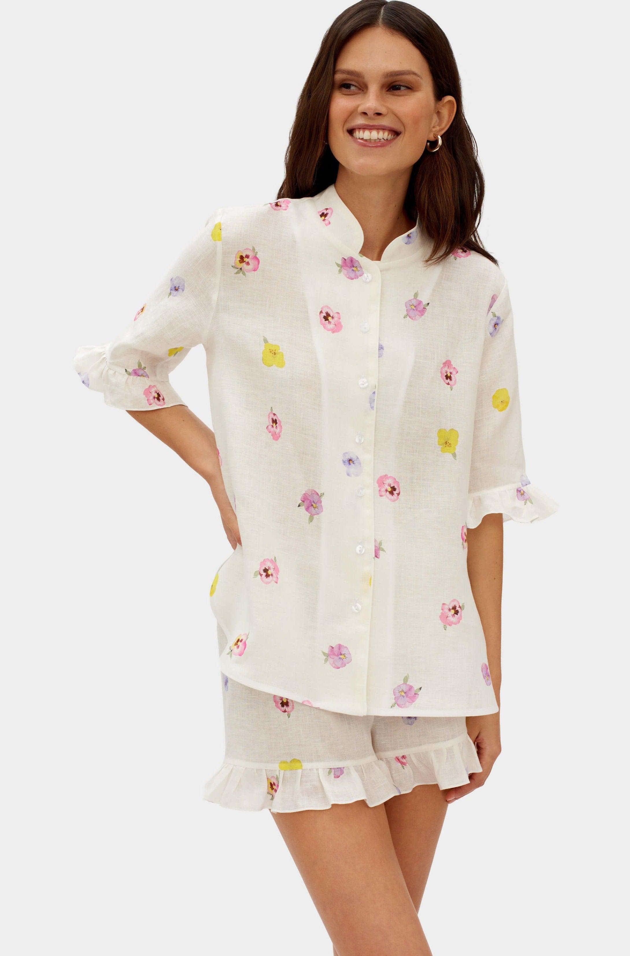 Sleeper Ruffled Linen Lounge Suit in Pansies OutDazl