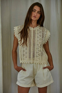 Cotton Lace Buttondown Sleeveless Top-By Together-OutDazl