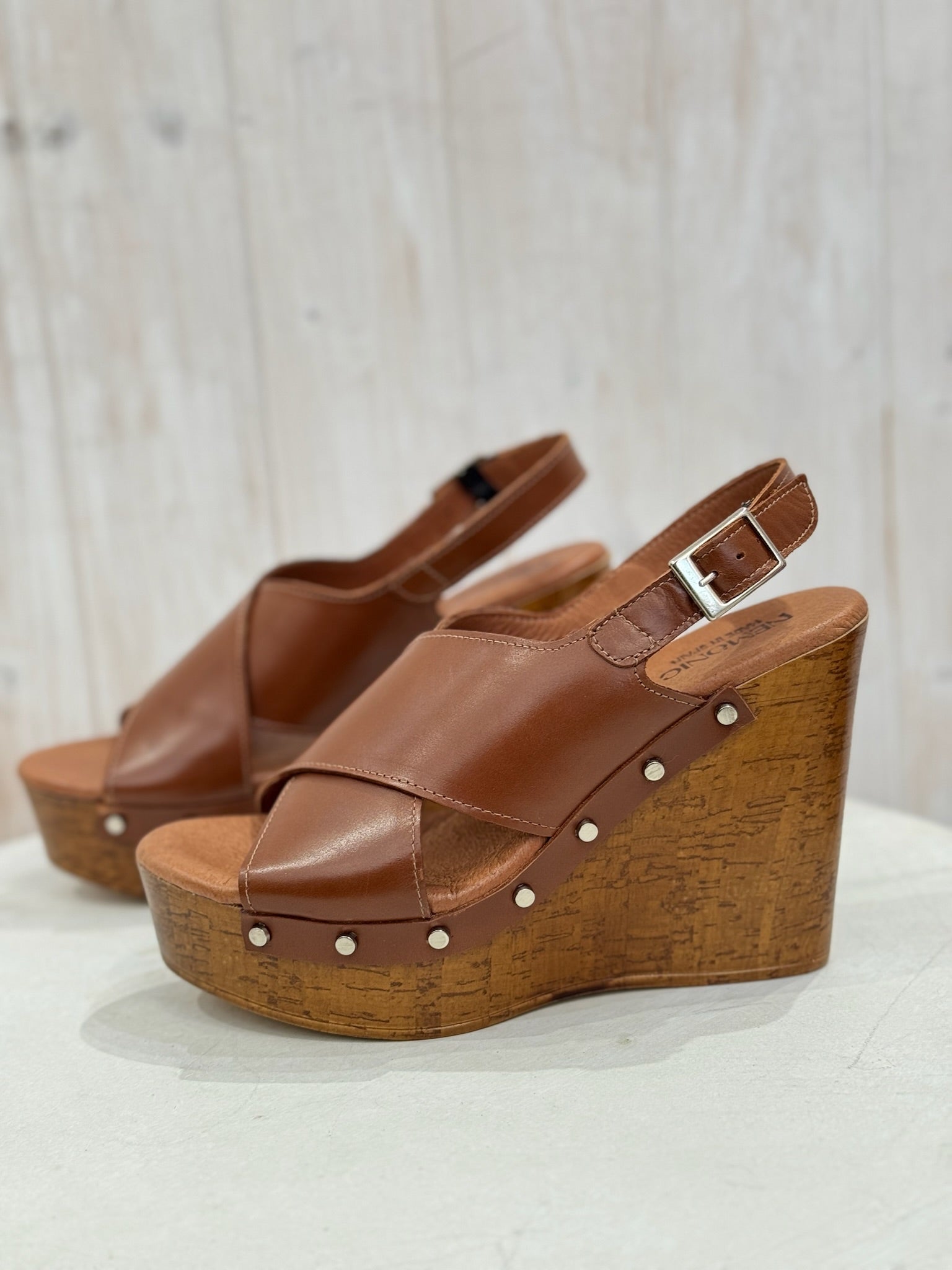 Tan Leather Wedge Mule Sandals