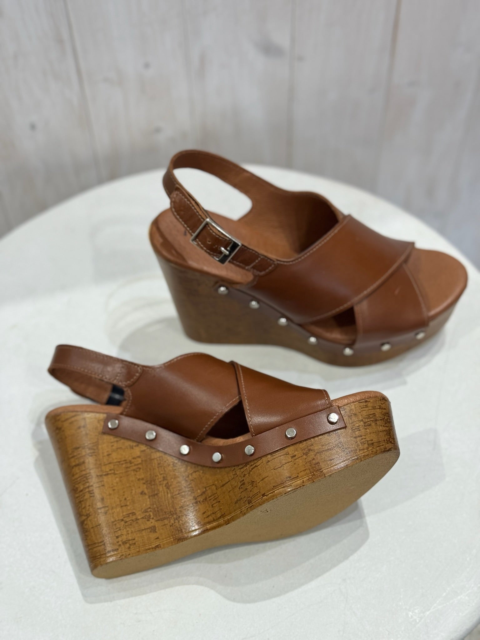 Tan Leather Wedge Mule Sandals