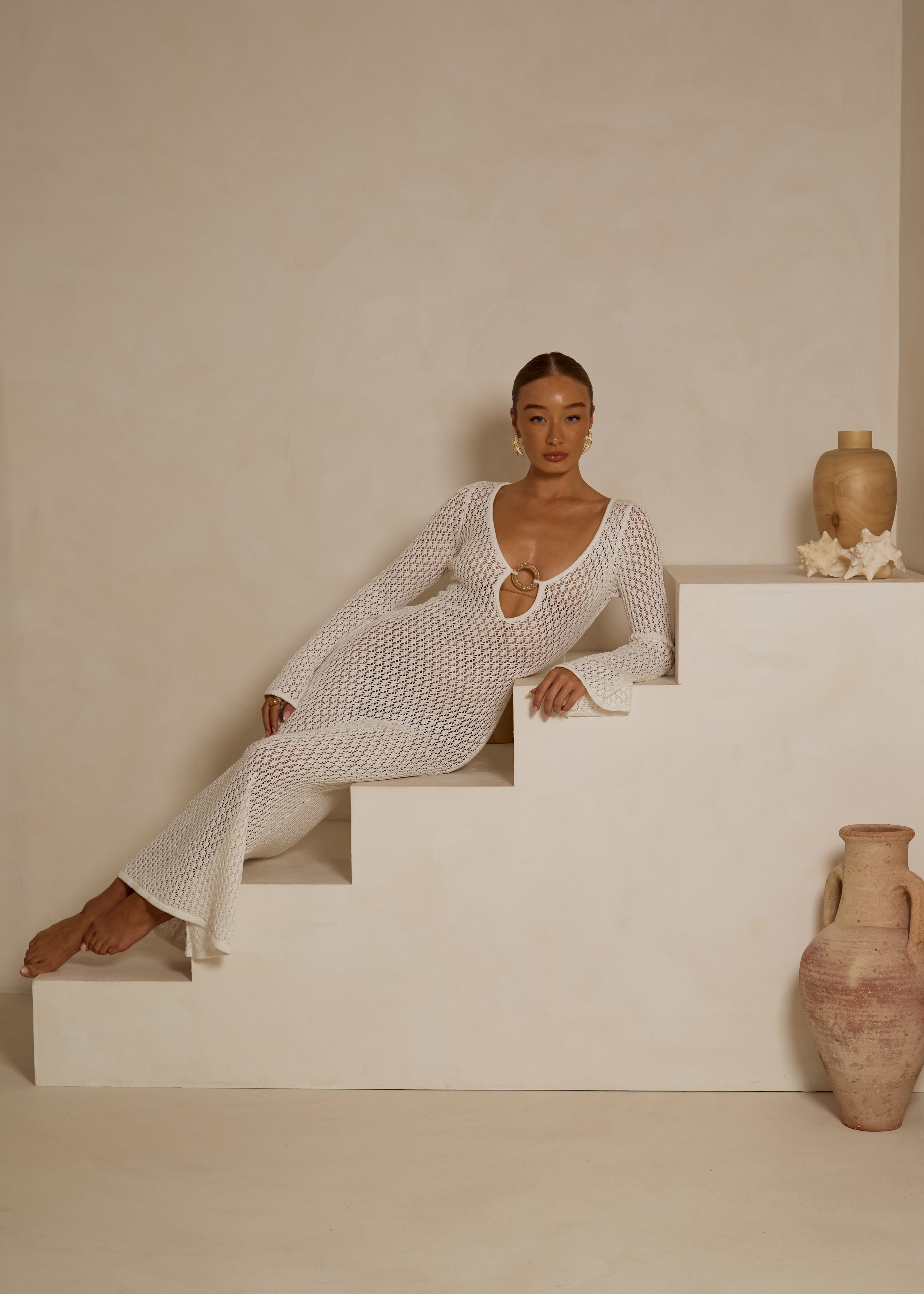 White Maxi Crochet knit Dress Santa Monica – OutDazl