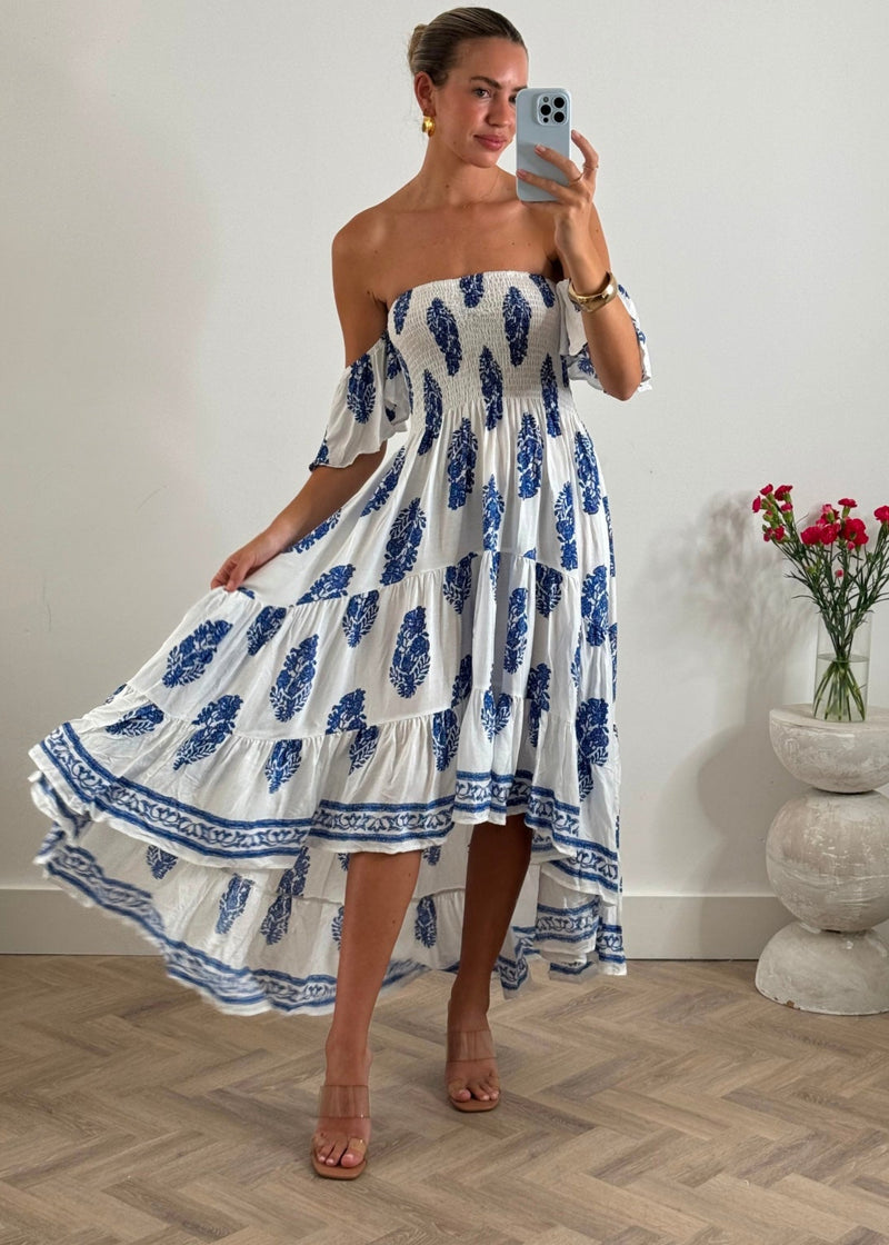 Daisy Bandeau High Low Dress in Blue Print