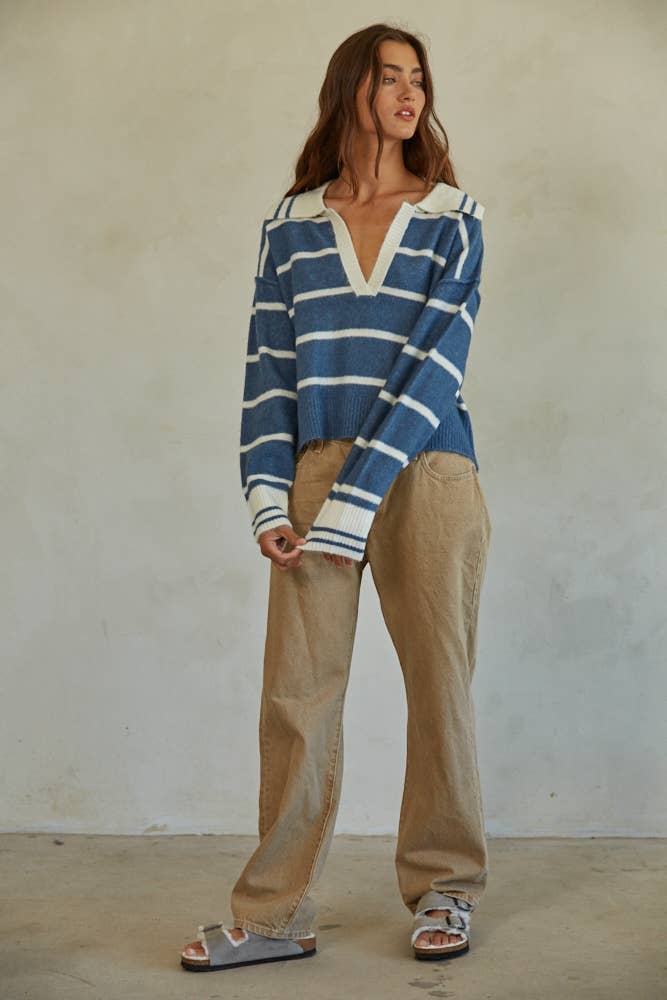 Knit V Neck Striped Sweater