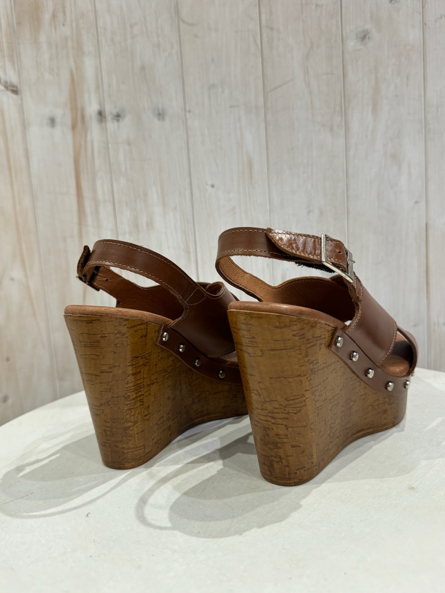 Tan Leather Wedge Mule Sandals