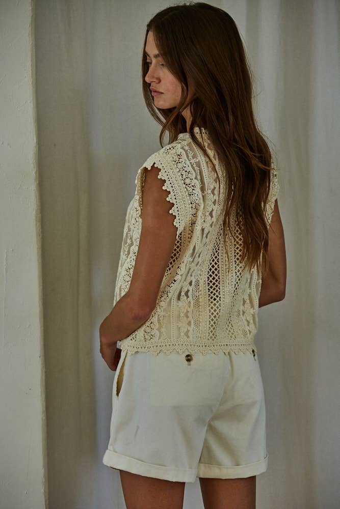 Cotton Lace Buttondown Sleeveless Top-By Together-OutDazl