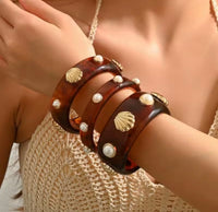 Acrylic Cuff Bangle with Shells and Pearl
