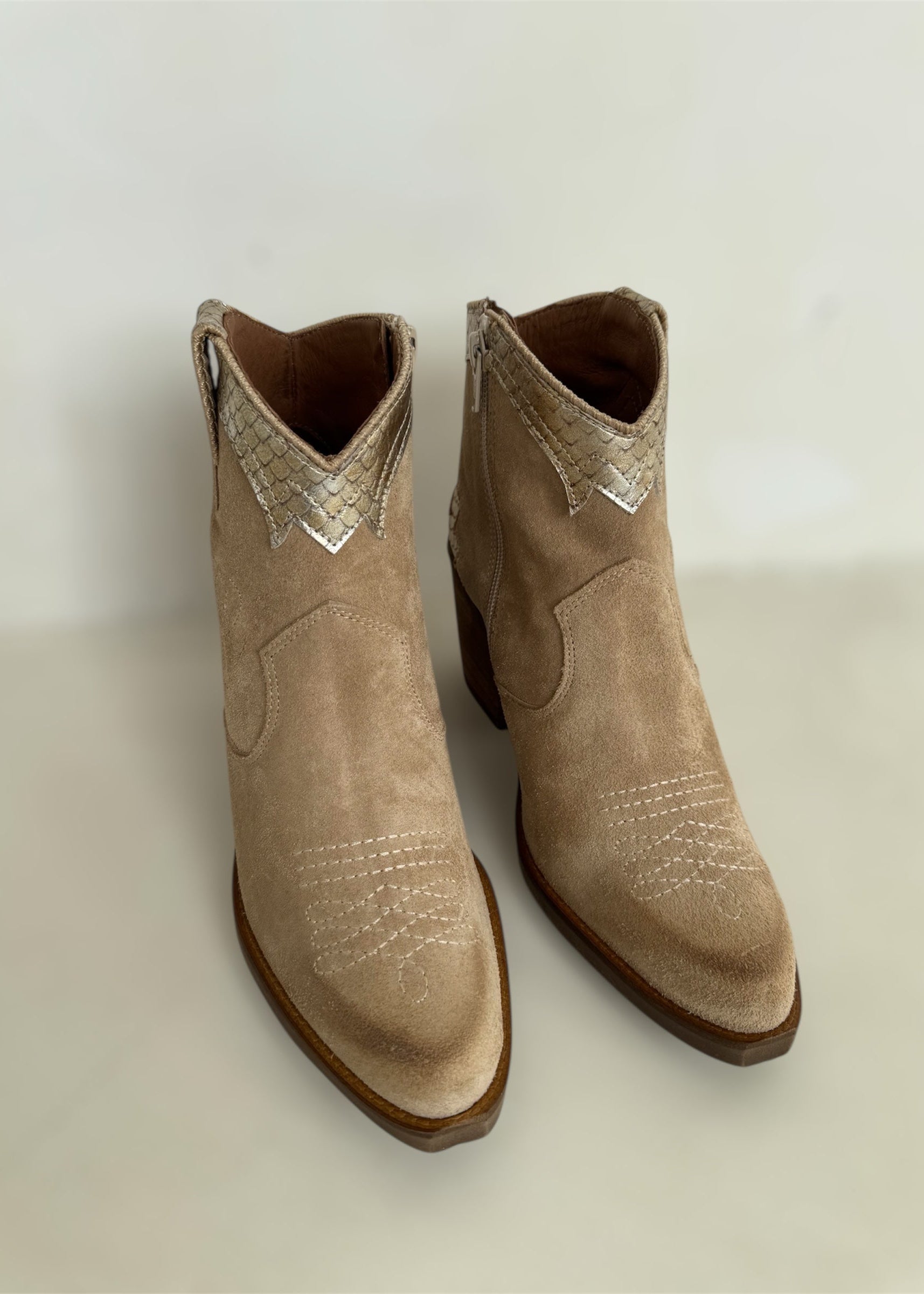 Nemonic Atlanta Suede Ankle Boots in Taupe and Vintage Gold-Nemonic-OutDazl