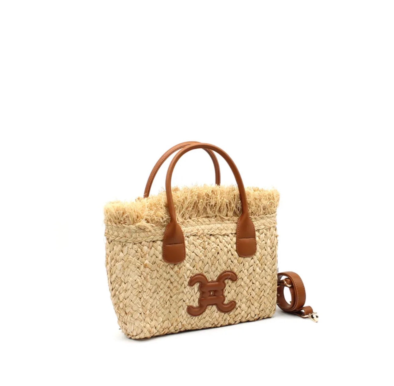 Raffia Straw Tote with Contrast Handle