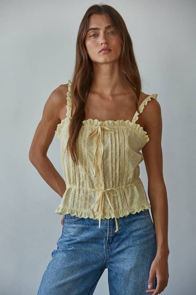 Woven Cotton Eyelet Button Down Square Neck Top
