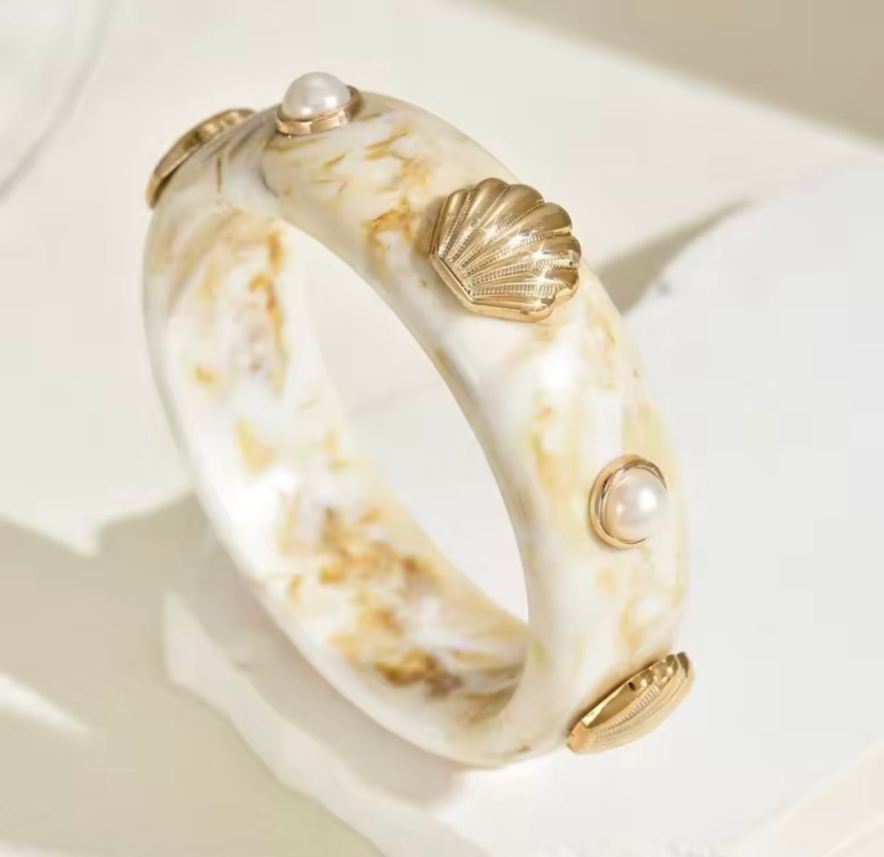 Acrylic Cuff Bangle with Shells and Pearl