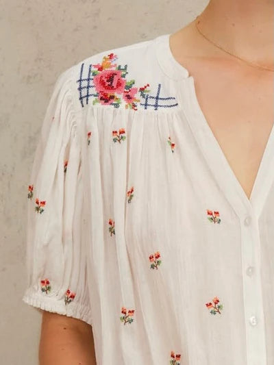 Harlie Embroidered Short Sleeve Top-Mabe-OutDazl