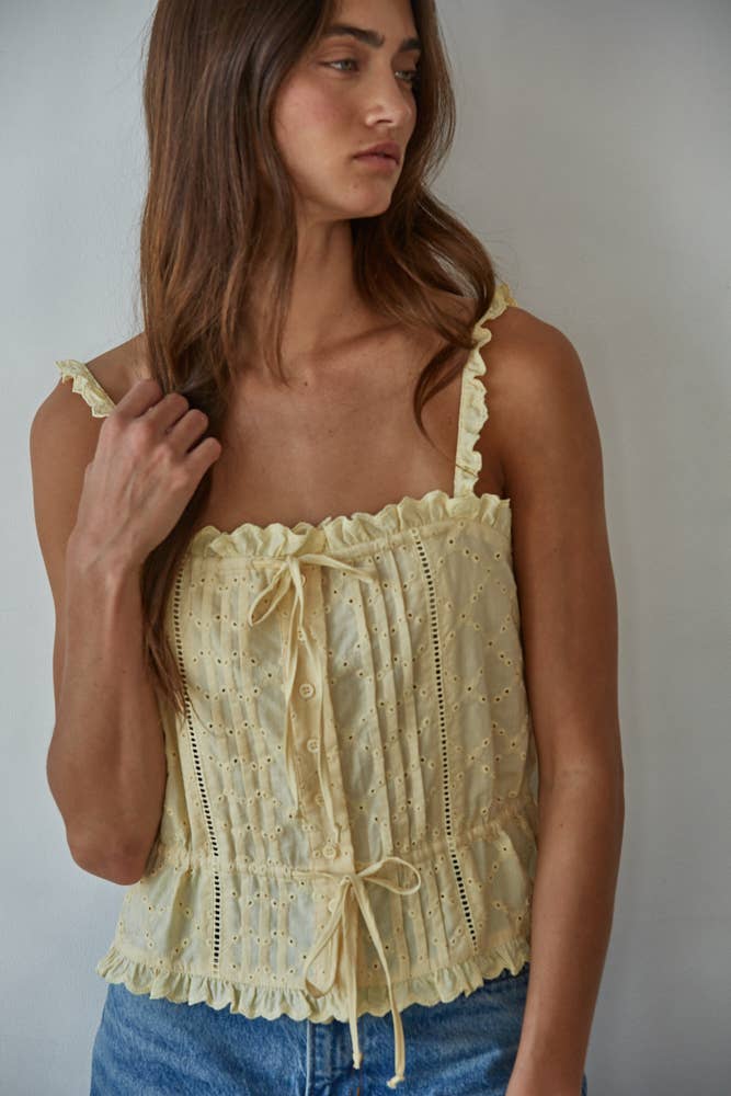 Woven Cotton Eyelet Button Down Square Neck Top