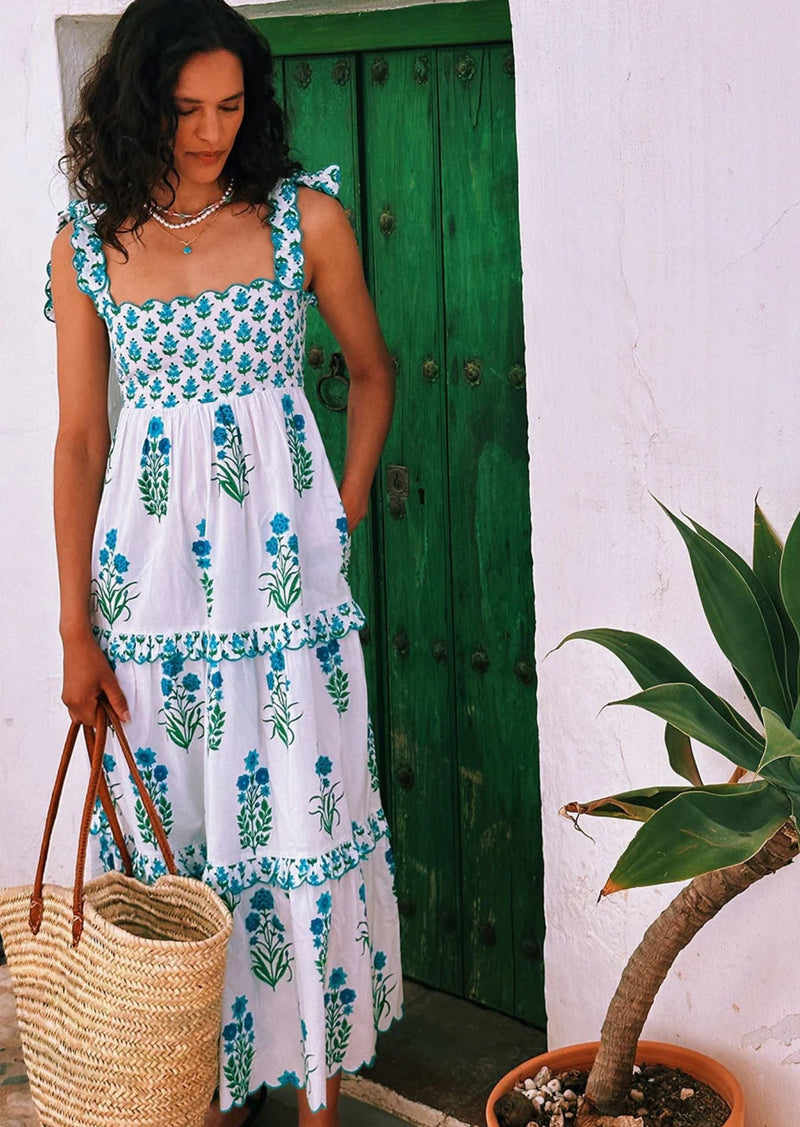 Athens Dress in Aqua Botanical