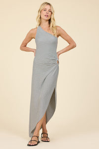 Black Stripe Lurex Ribbed One Shoulder Dress-Surf Gypsy-OutDazl