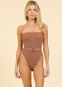 Crincle One Piece With Belt in Camel