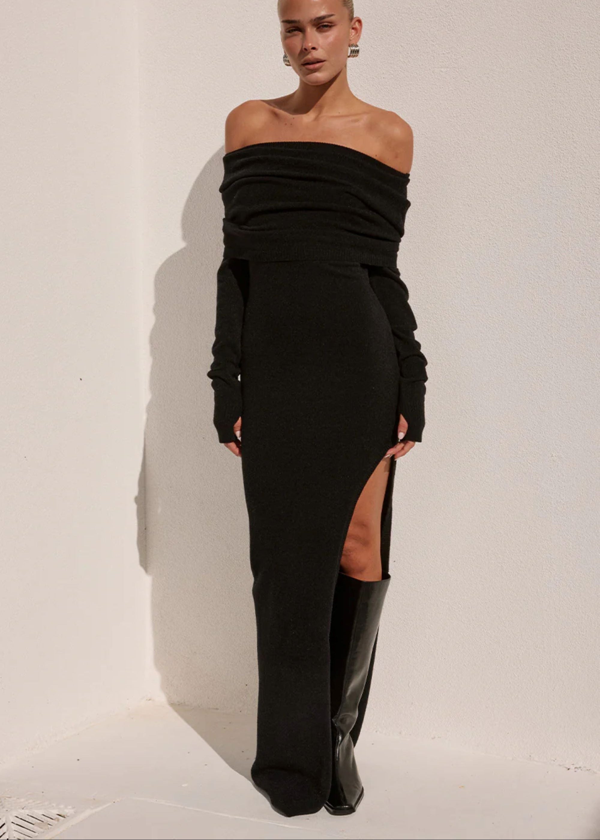 Runaway Barley Off Shoulder Knit Maxi Dress OutDazl Runaway Barley Off Shoulder Knit Maxi Dress OutDazl