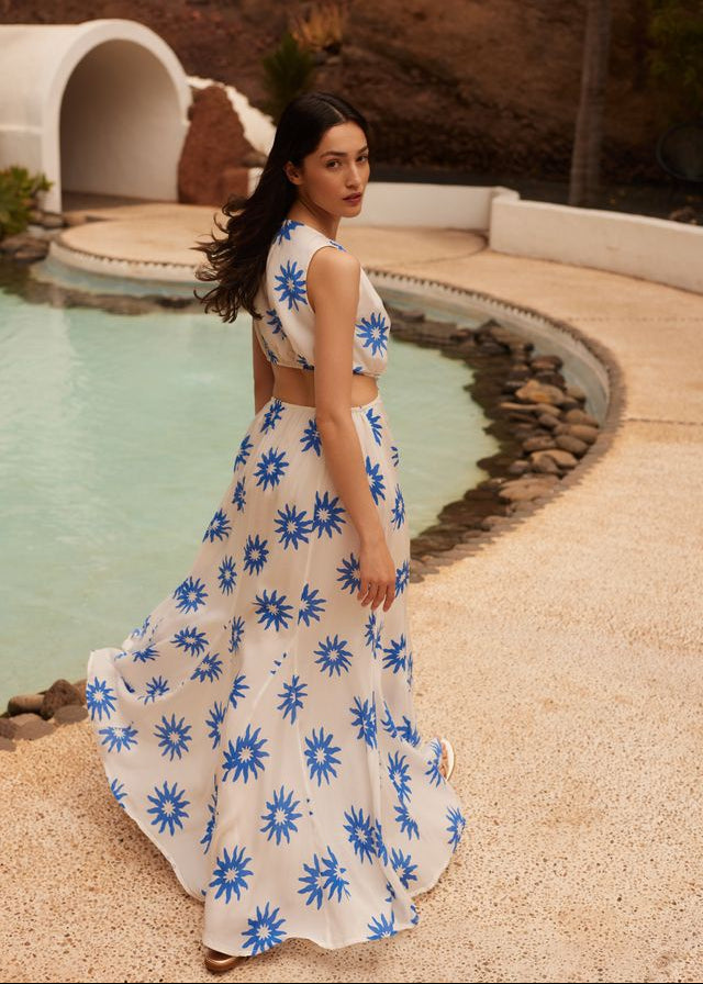 blue cut out maxi dress Vianne Tiered Cut-Out Floral 5% Spandex Length Print Cutout Maxi Dress Soleil