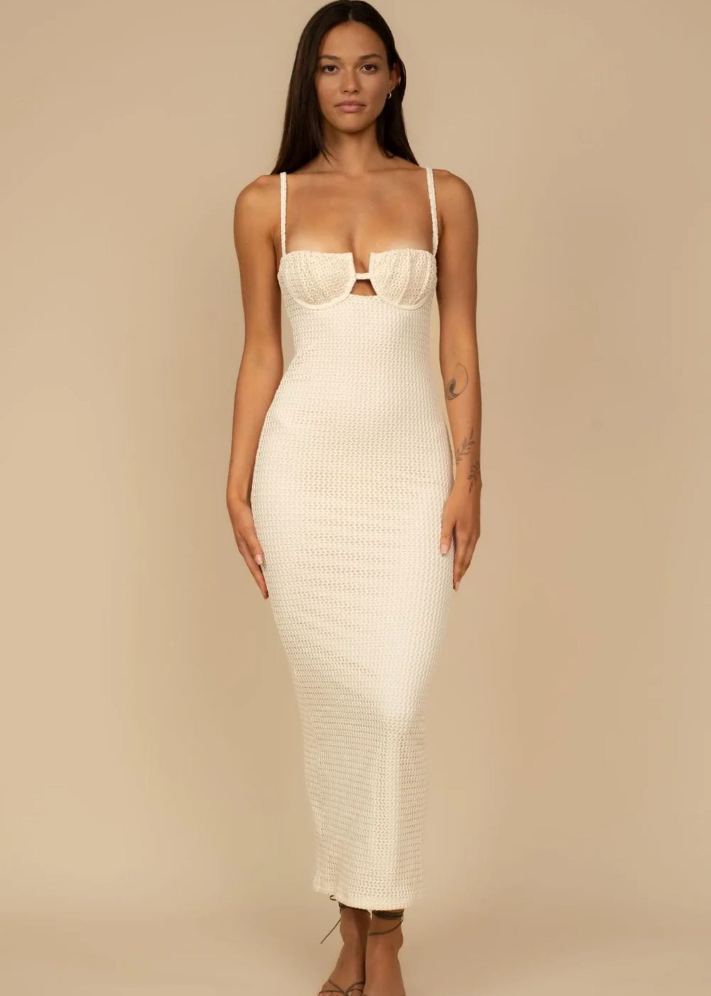 Bone Crochet Petal Long Slip Dress