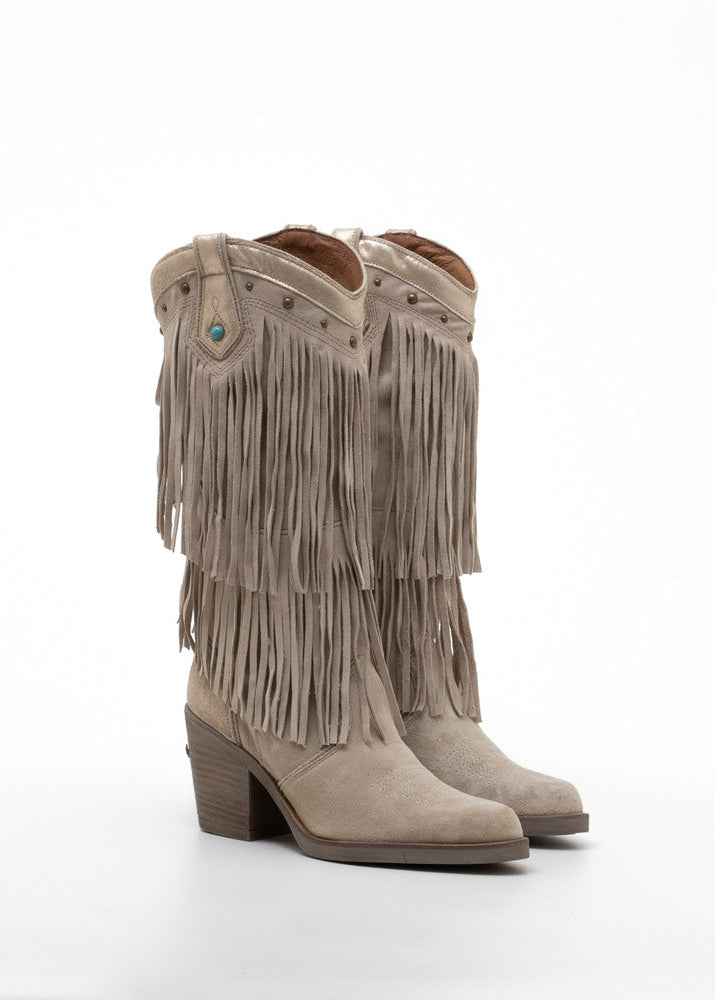 Taupe Cowboy Fringe Suede Boots Dallas-Nemonic-OutDazl