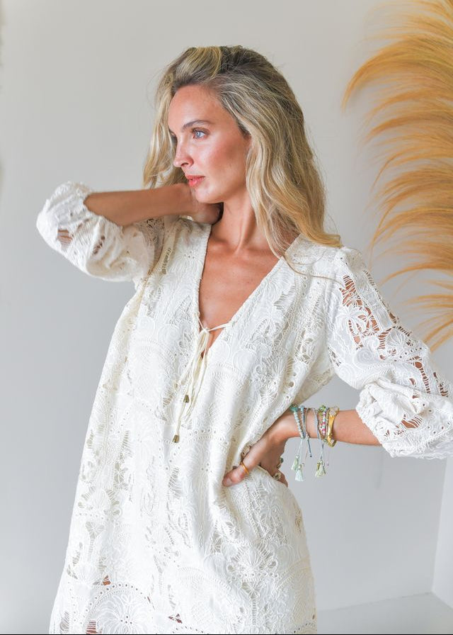 Palm Ivory Embroidered Mini Dress Elena-Jaase-OutDazl