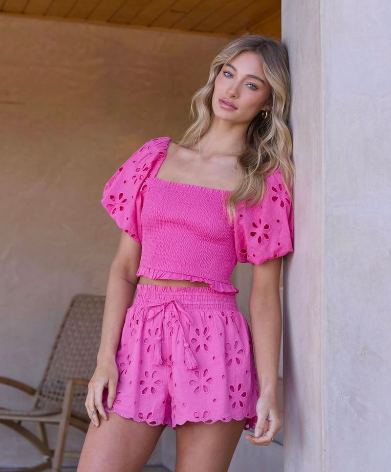 Hot Pink Floral Eyelet Puff Sleeve Top