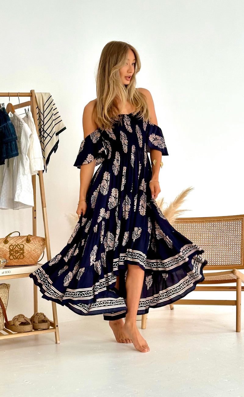 Daisy Bandeau High Low Dress in Navy Print