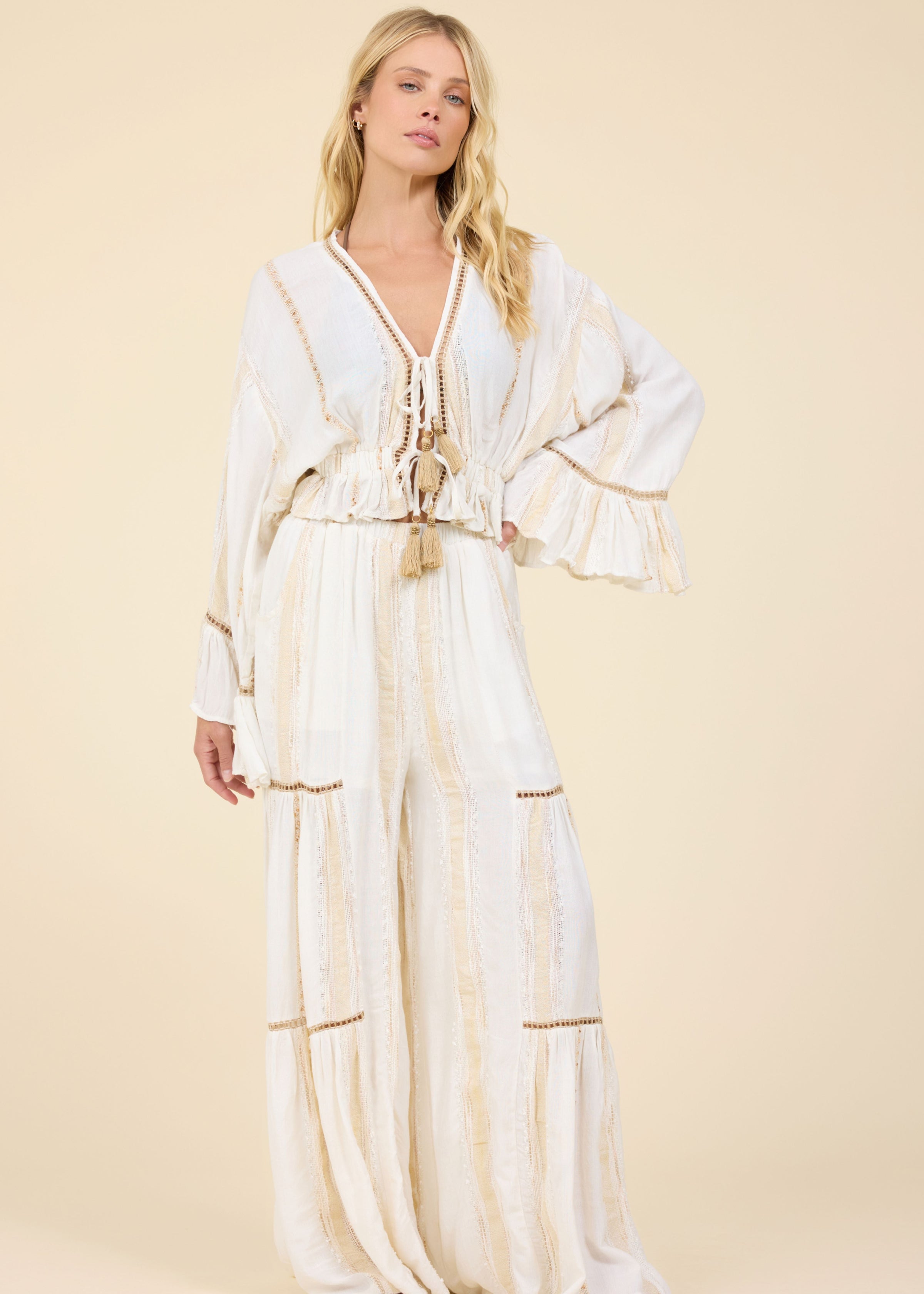 Gold Dust Lurex Tiered Wide Leg Pant-Surf Gypsy-OutDazl