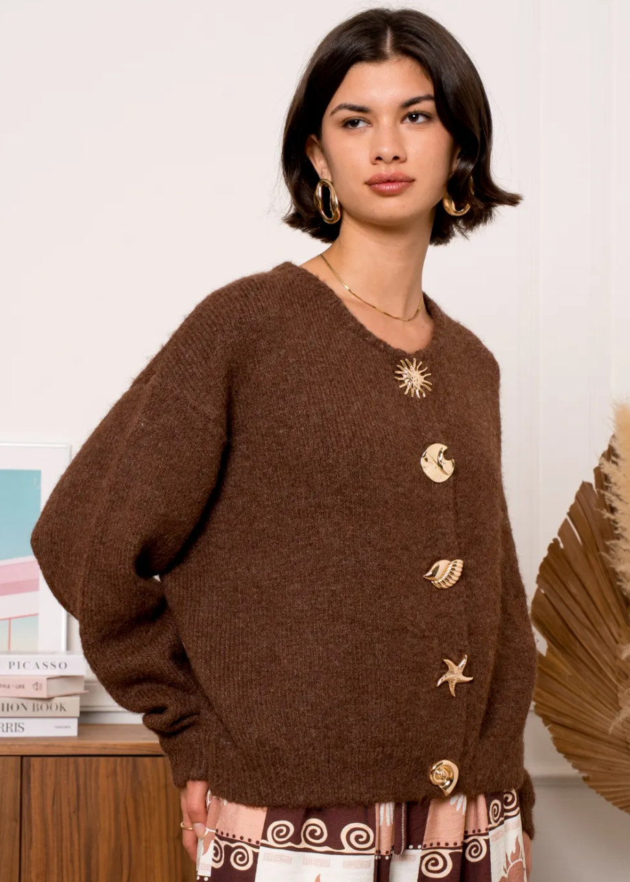 Shells Knit Cardigan in Chocolate-OutDazl-OutDazl