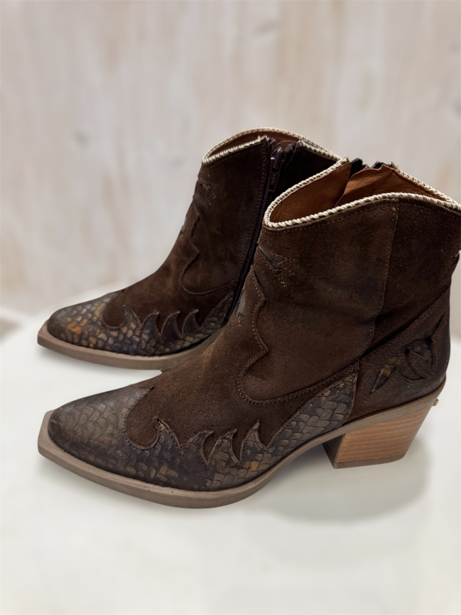 Atlanta Leather Ankle Boots in Brown Suede with Bronze
