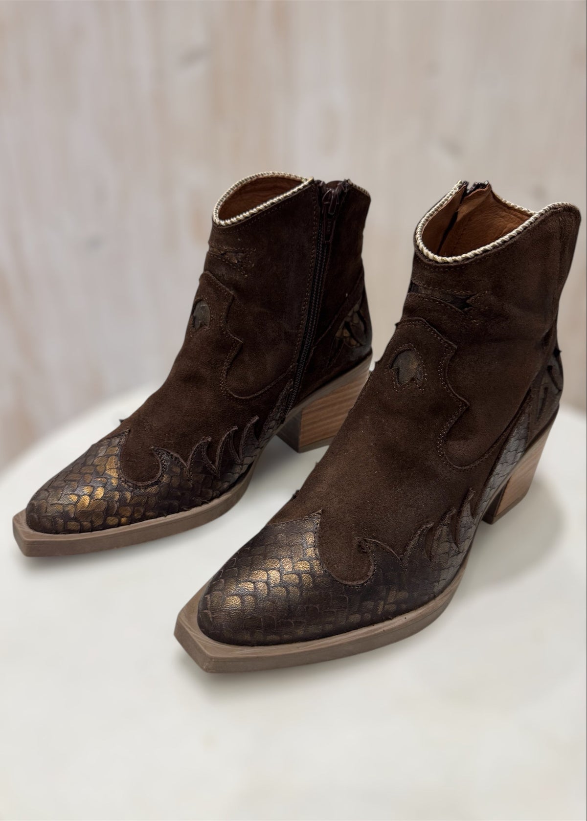Atlanta Leather Ankle Boots in Brown Suede with Bronze-Nemonic-OutDazl