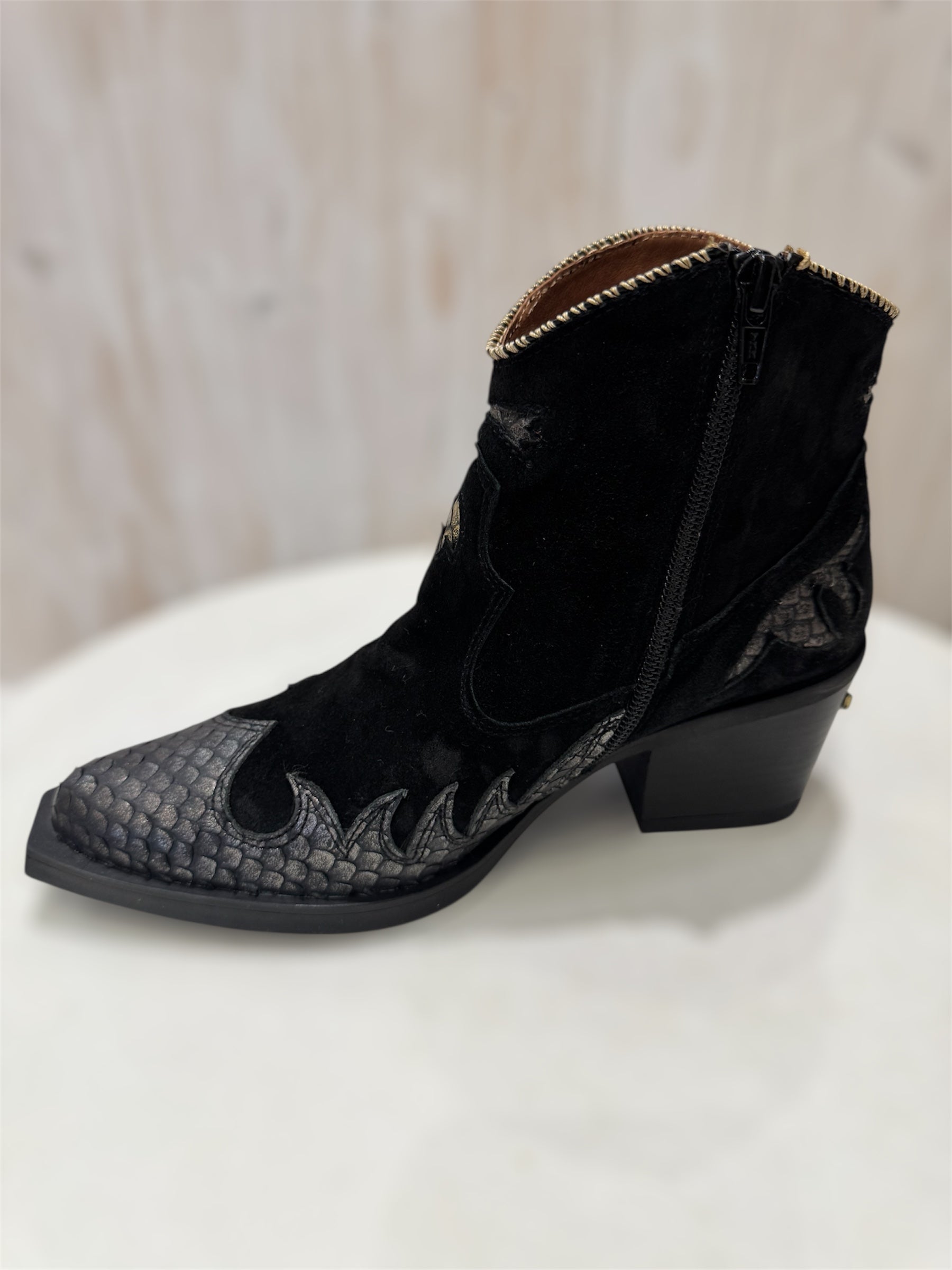 Atlanta Leather Ankle Boots in Black Suede and Pewter