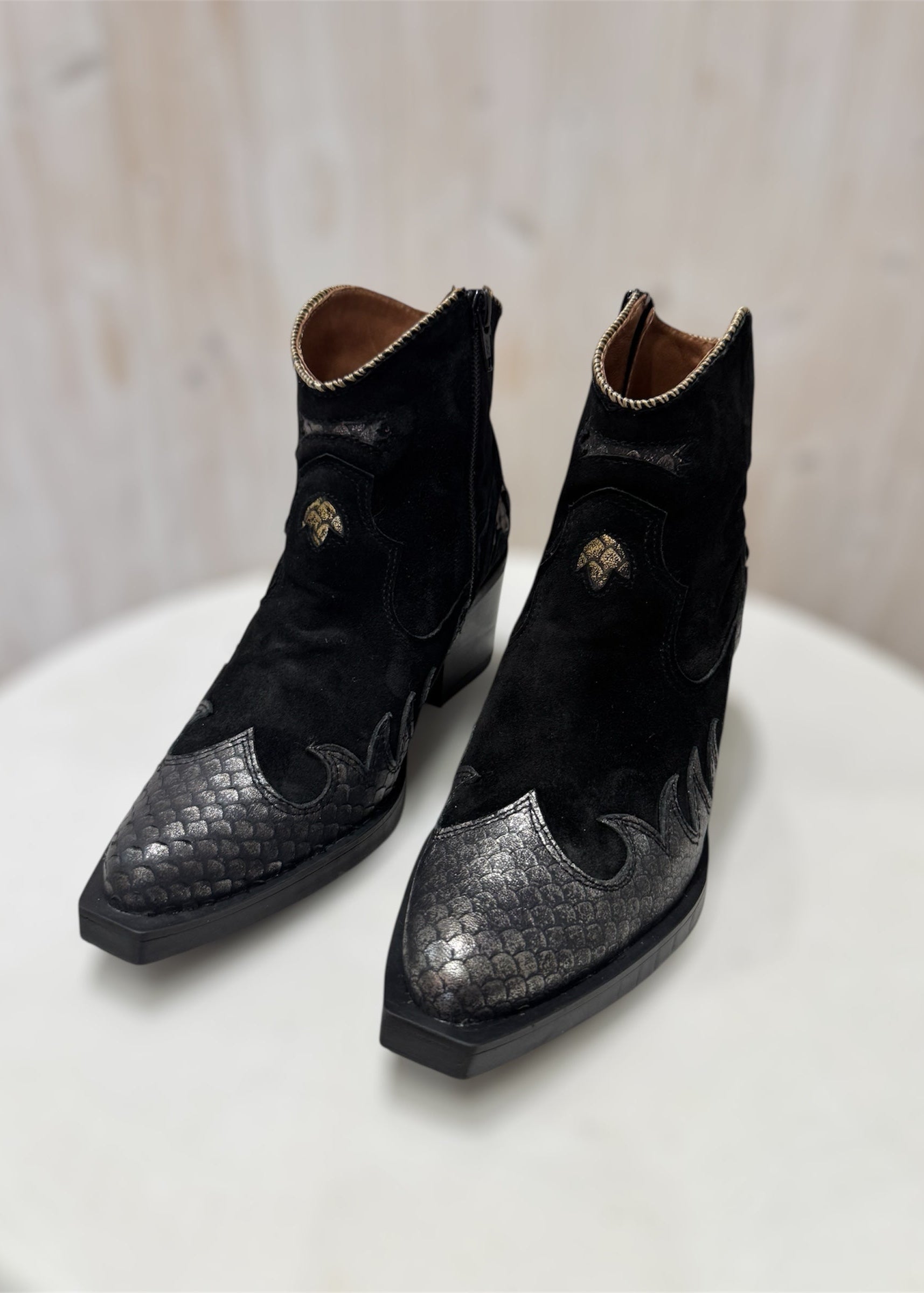 Atlanta Leather Ankle Boots in Black Suede and Pewter