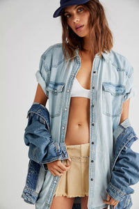 Free People Short Sleeves Denim Shirt in Light Wash