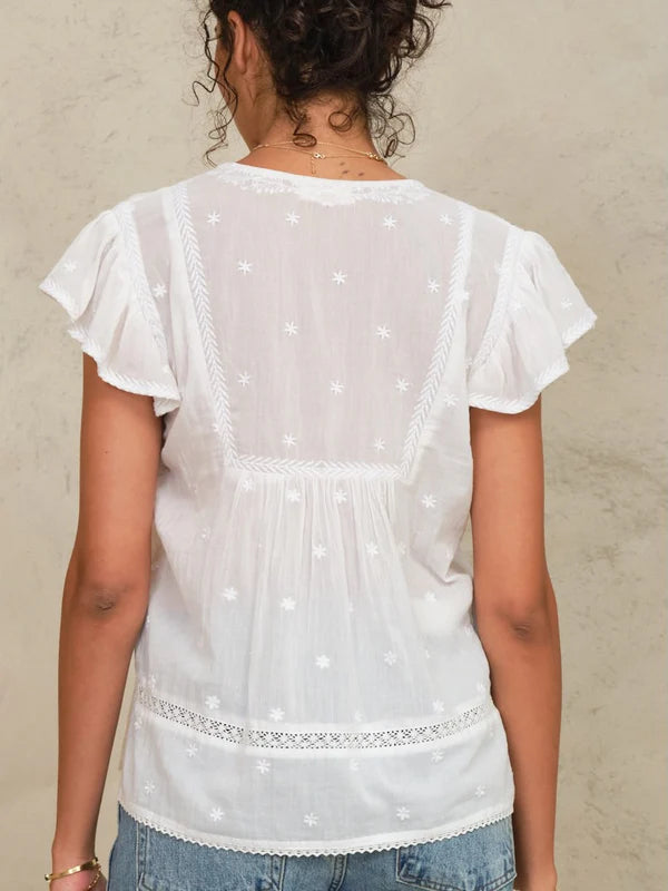 White Embroidered Short sleeve Top-Mabe-OutDazl