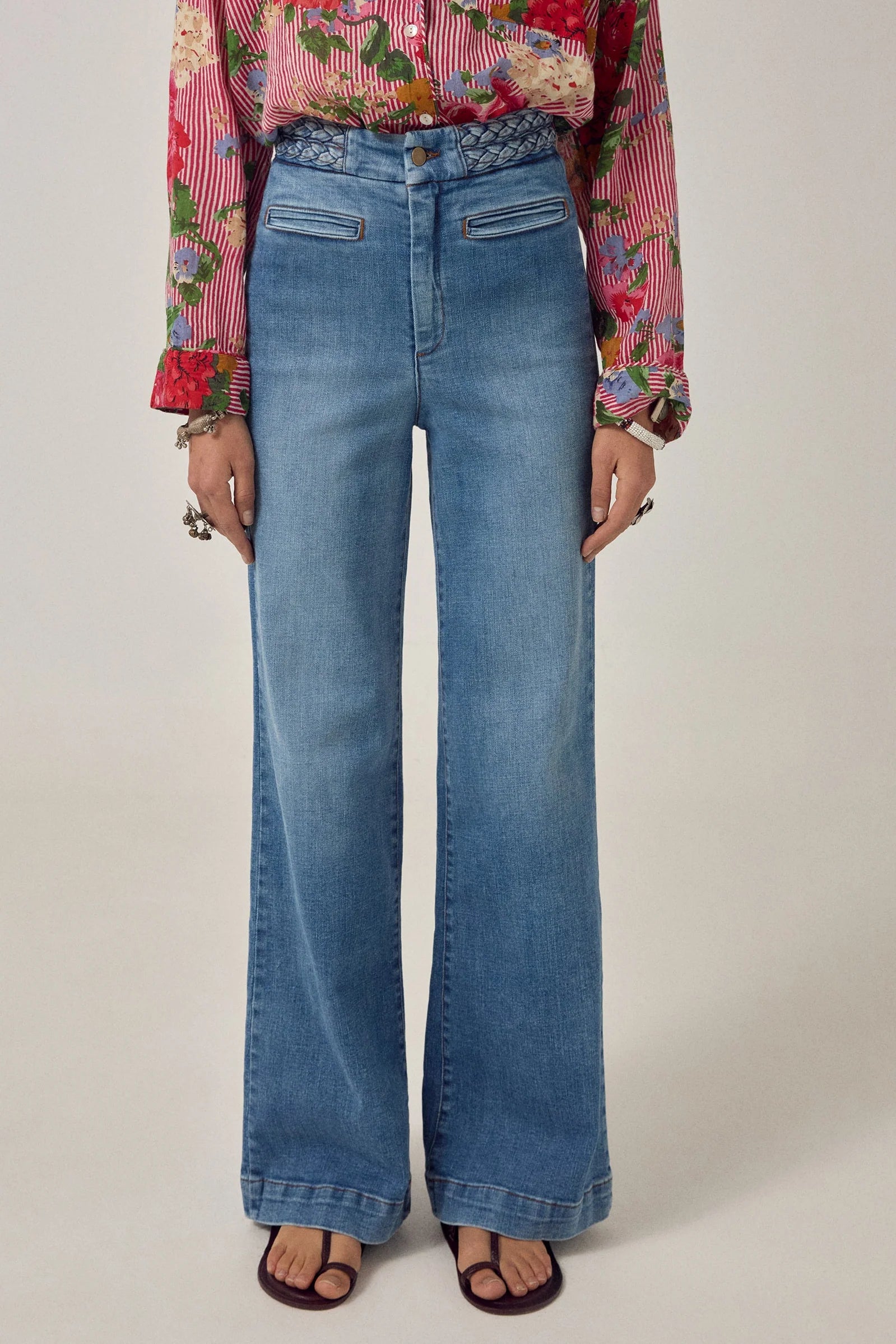 Soft Flare Leg Denim Pants Braid-Maison Hotel-OutDazl