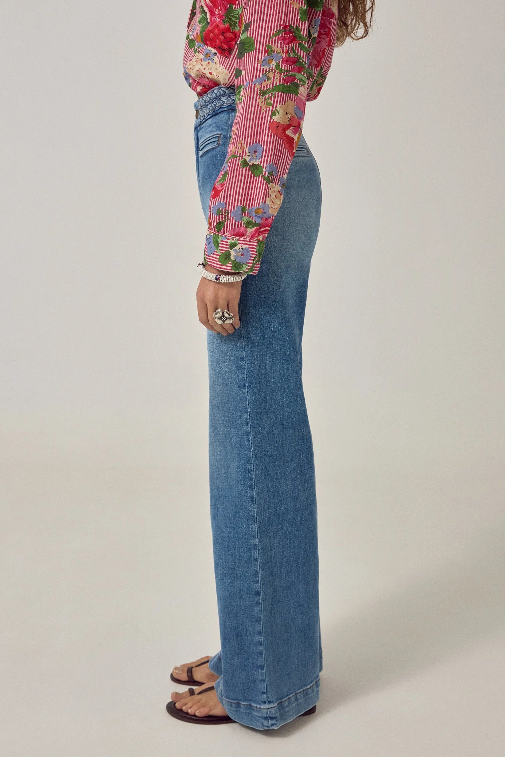 Soft Flare Leg Denim Pants Braid-Maison Hotel-OutDazl