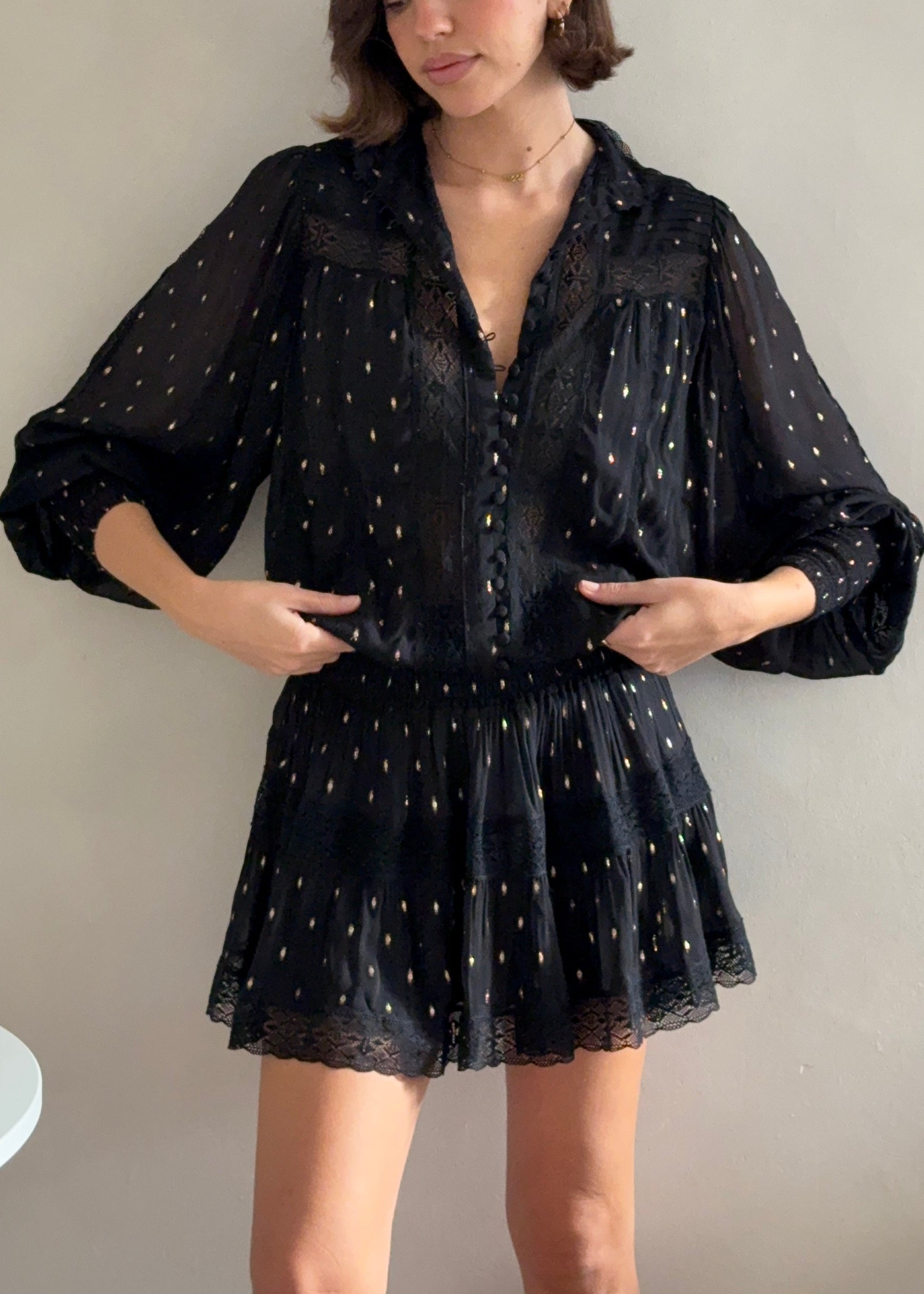 Lace Trimmed Mini Dress Moncur in Black Lurex