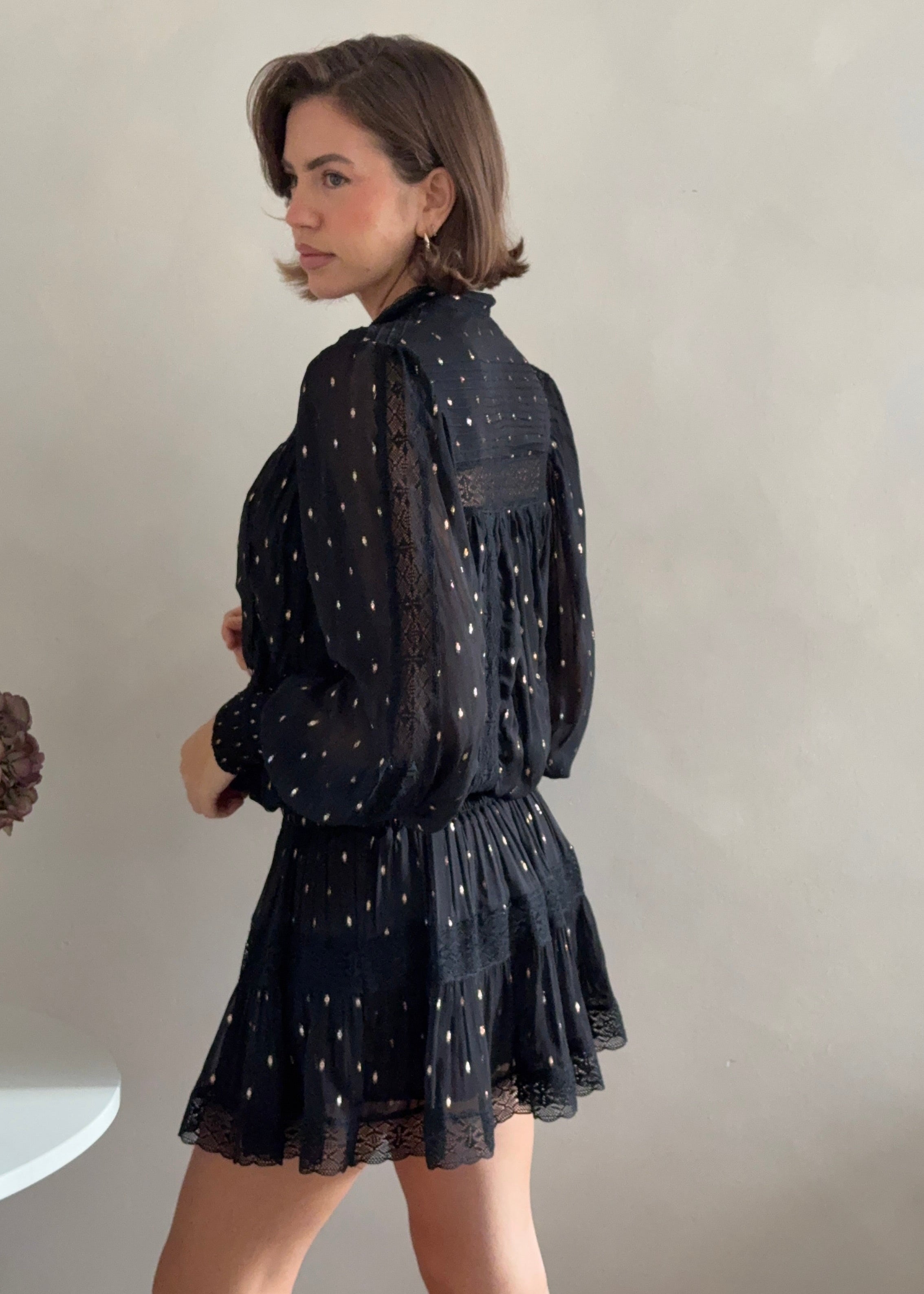 Lace Trimmed Mini Dress Moncur in Black Lurex