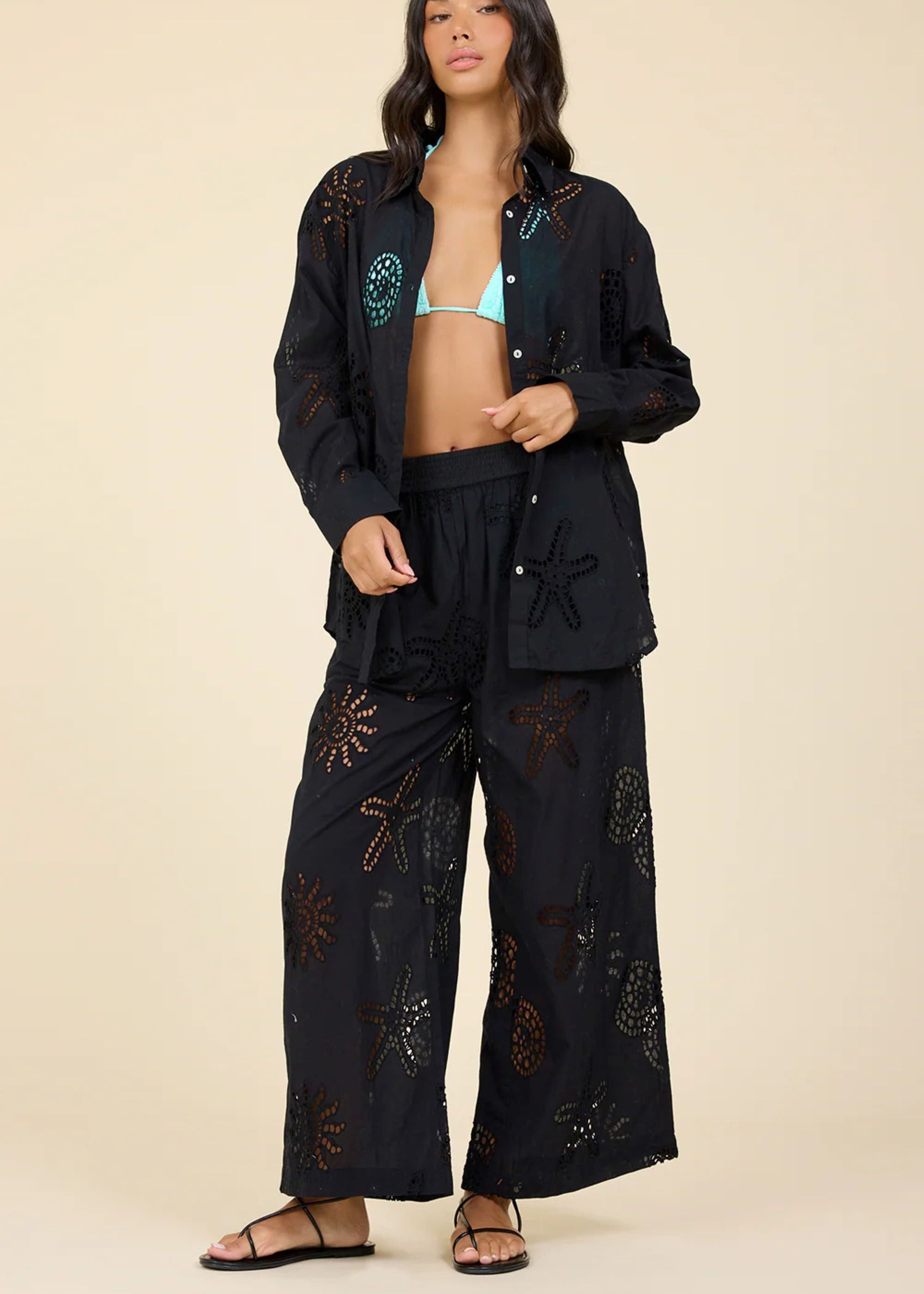 Ocean Eyelet Wide Leg Pant in Black-Surf Gypsy-OutDazl