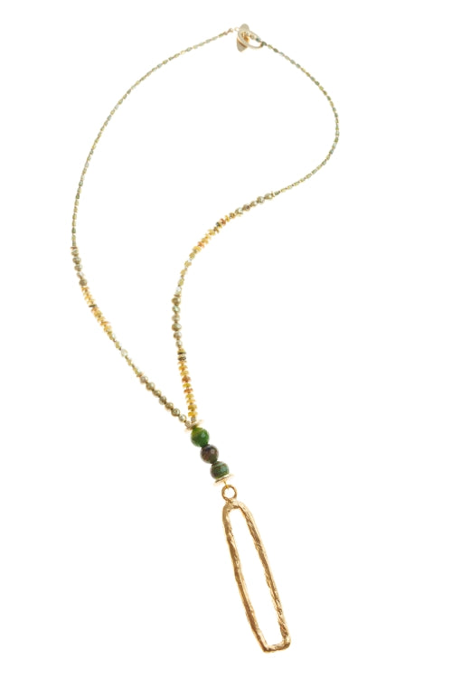 Green Bead Necklace Pesto with Gold Charm