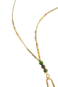 Green Bead Necklace Pesto with Gold Charm